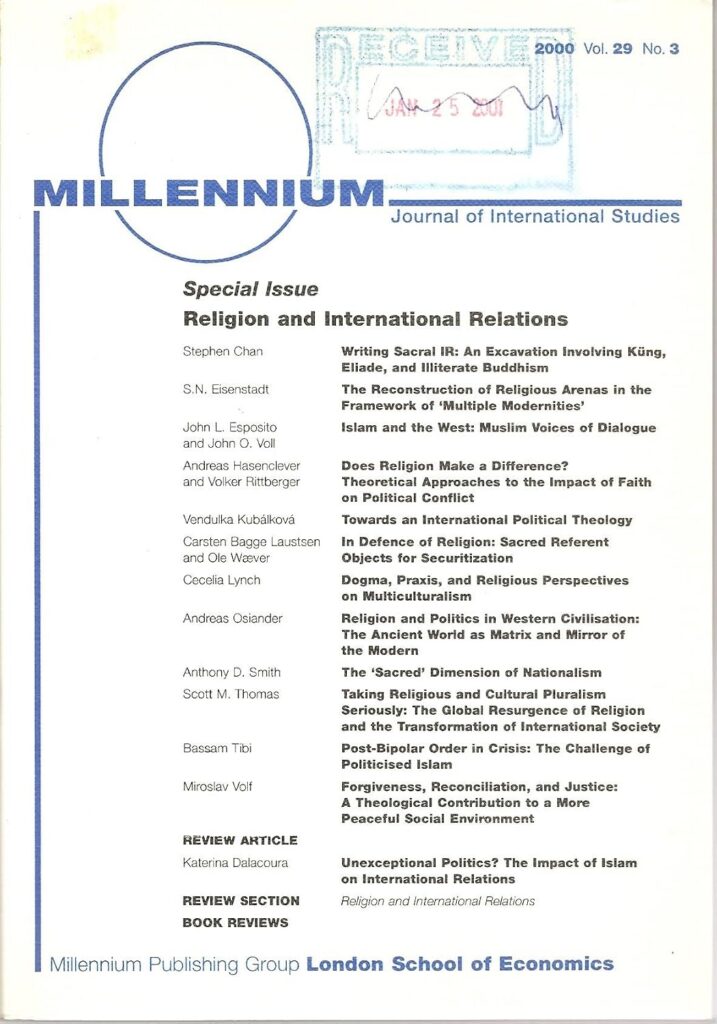 V. Kubálková, 2000, “Towards an International Political Theology,” Millennium: Journal of International Studies, Special Issue on Religion and International Relations. Vol. 29, No 3, pp. 675-702. — book cover